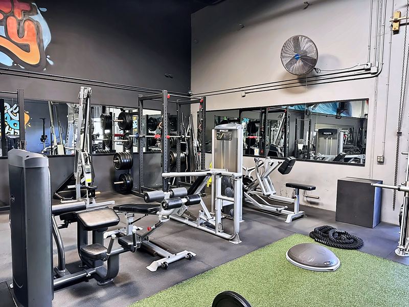 Training floor with benches and weight machines beside a strip of green turf and a mirrored wall.
